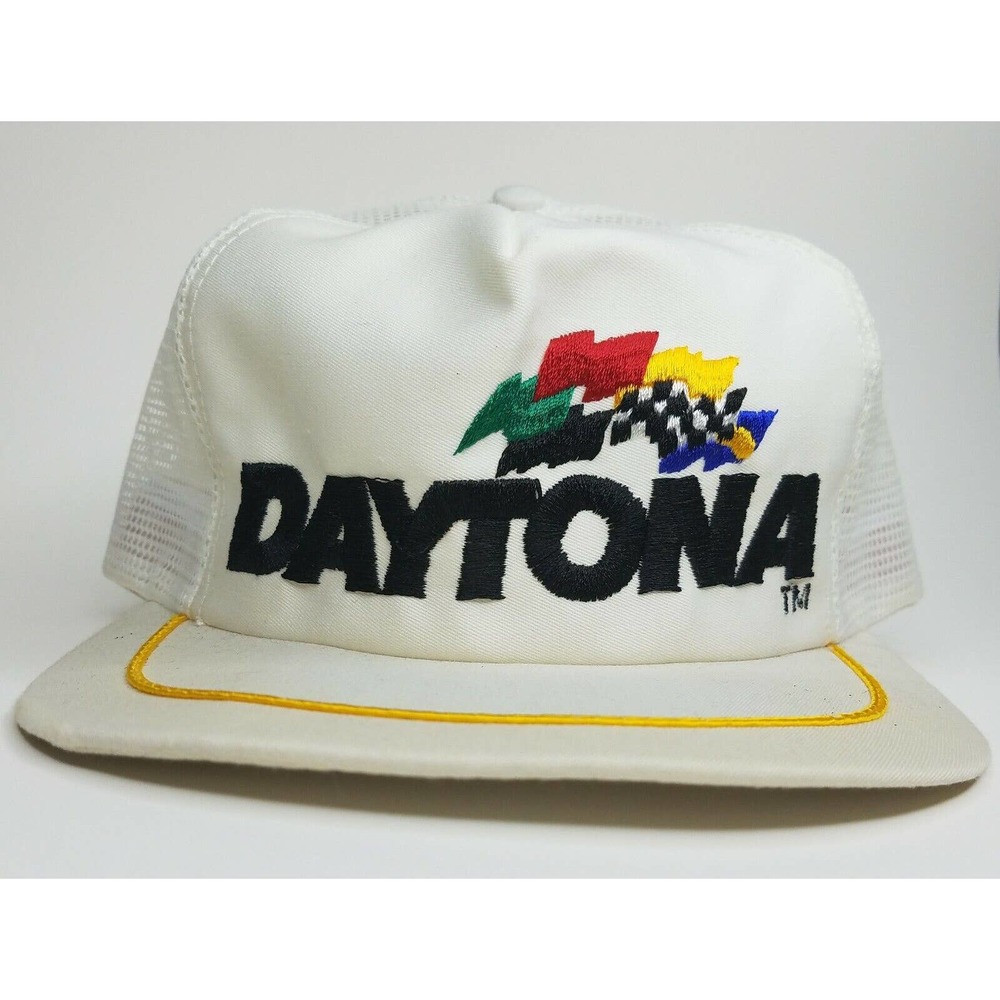 Vintage Daytona International Speedway Made in USA Gold Stripe White Hat